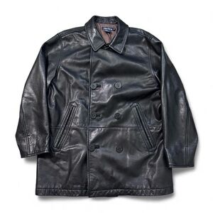 Vintage 90s Nautica genuine leather peacoat trench coat black size 42 L mens